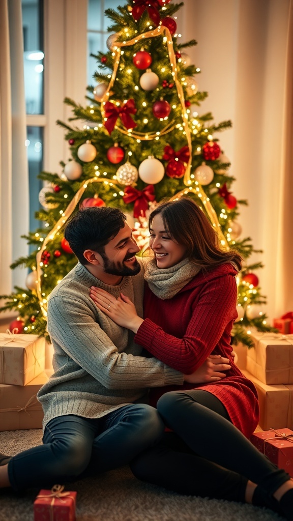 A couple by a Christmas tree, embracing and smiling, surrounded by festive decorations.